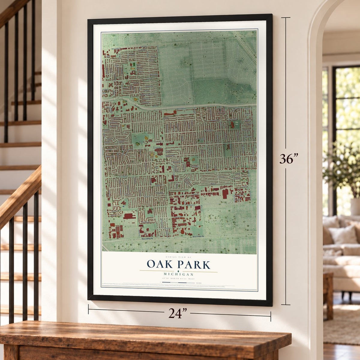Oak Park, Michigan map, 24 x 36 inch print in a black frame by a staircase