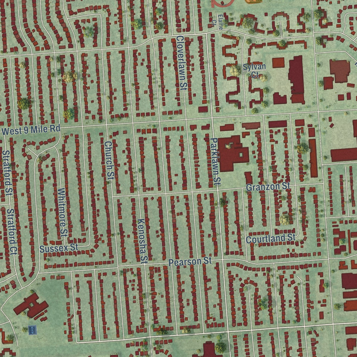 Close-up of the map of Oak Park, Michigan print showing street and building detail