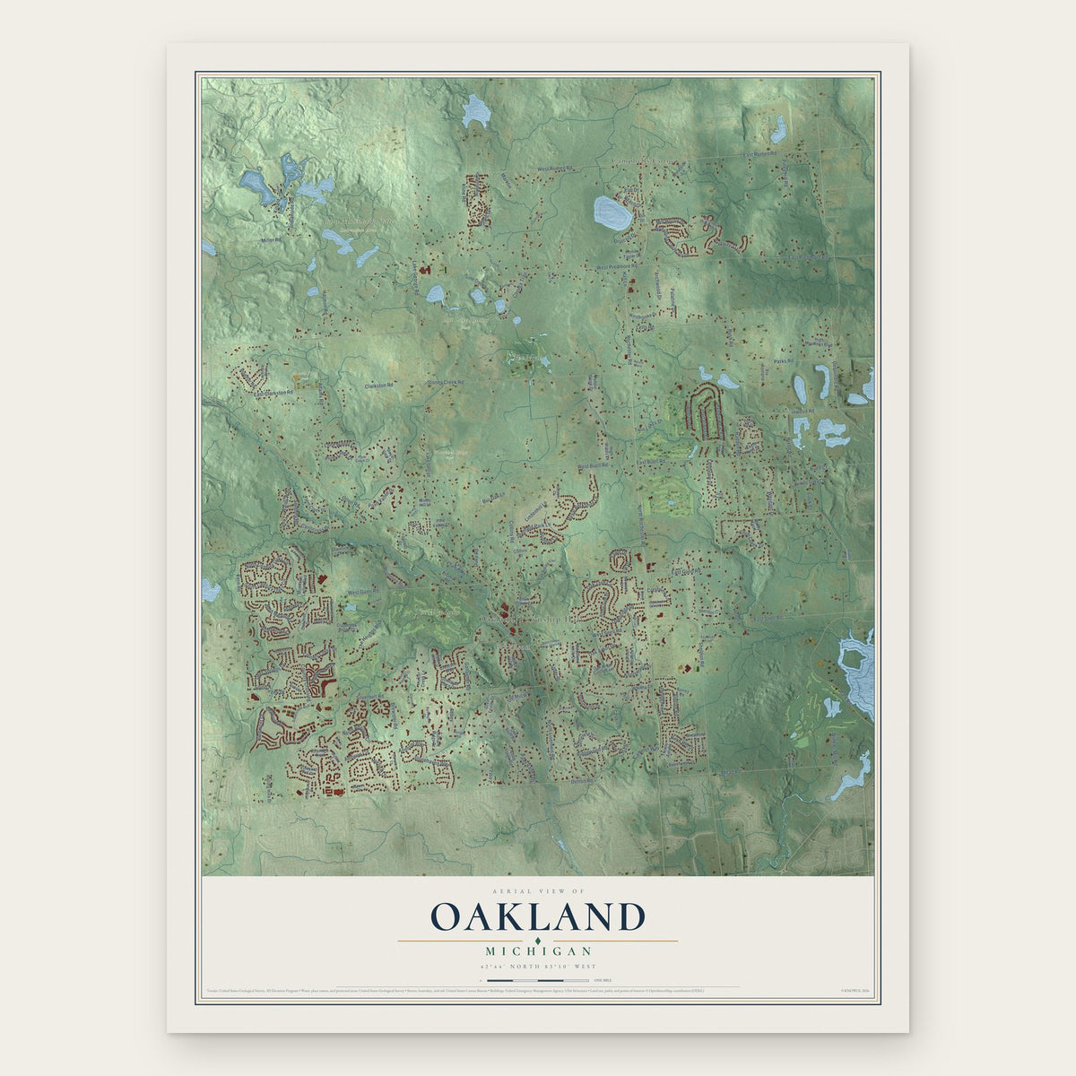 Oakland, Michigan map print, the full design