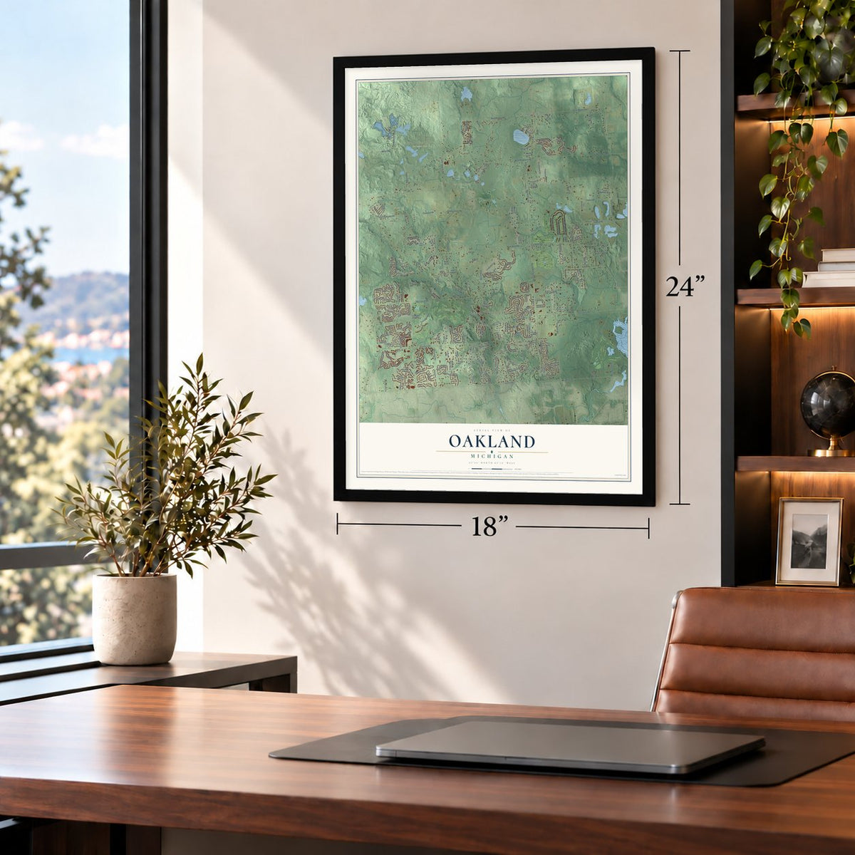 Oakland, Michigan map, 18 x 24 inch print in a black frame in a home office
