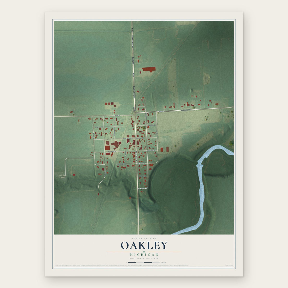 Oakley, Michigan map print, the full design