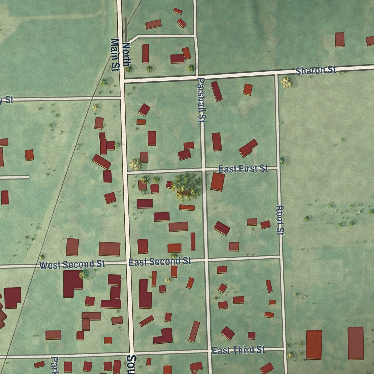 Close-up of the map of Oakley, Michigan print showing street and building detail