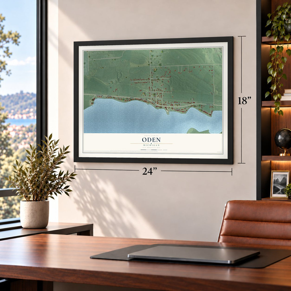 Oden, Michigan map, 18 x 24 inch print in a black frame in a home office