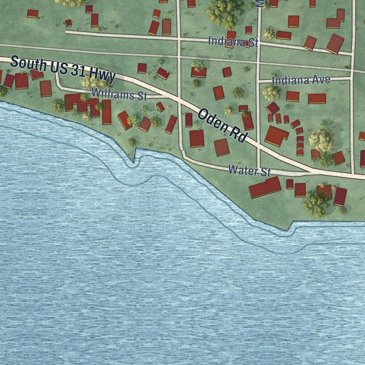 Close-up of the map of Oden, Michigan print showing street and building detail