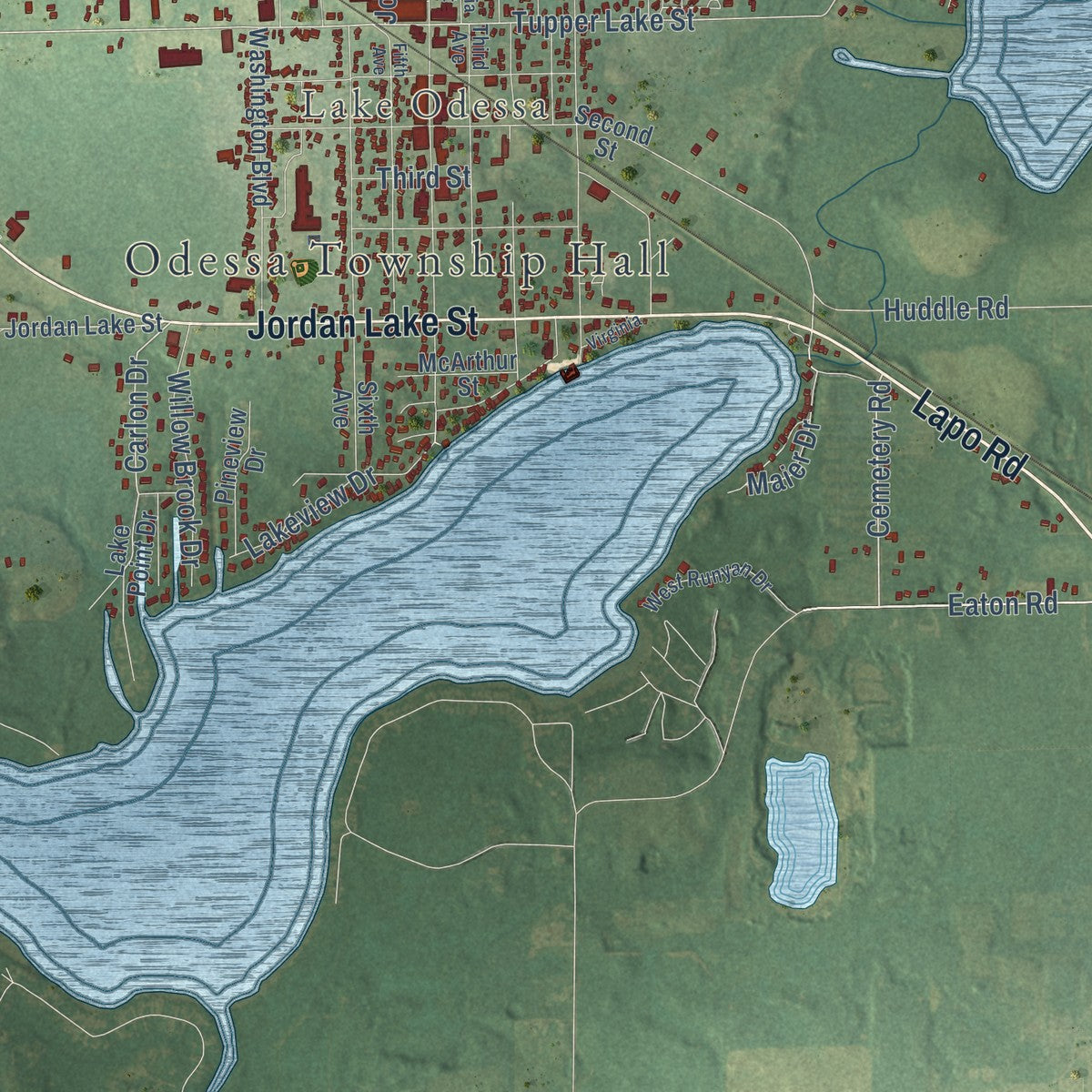 Close-up of the map of Odessa, Michigan print showing street and building detail