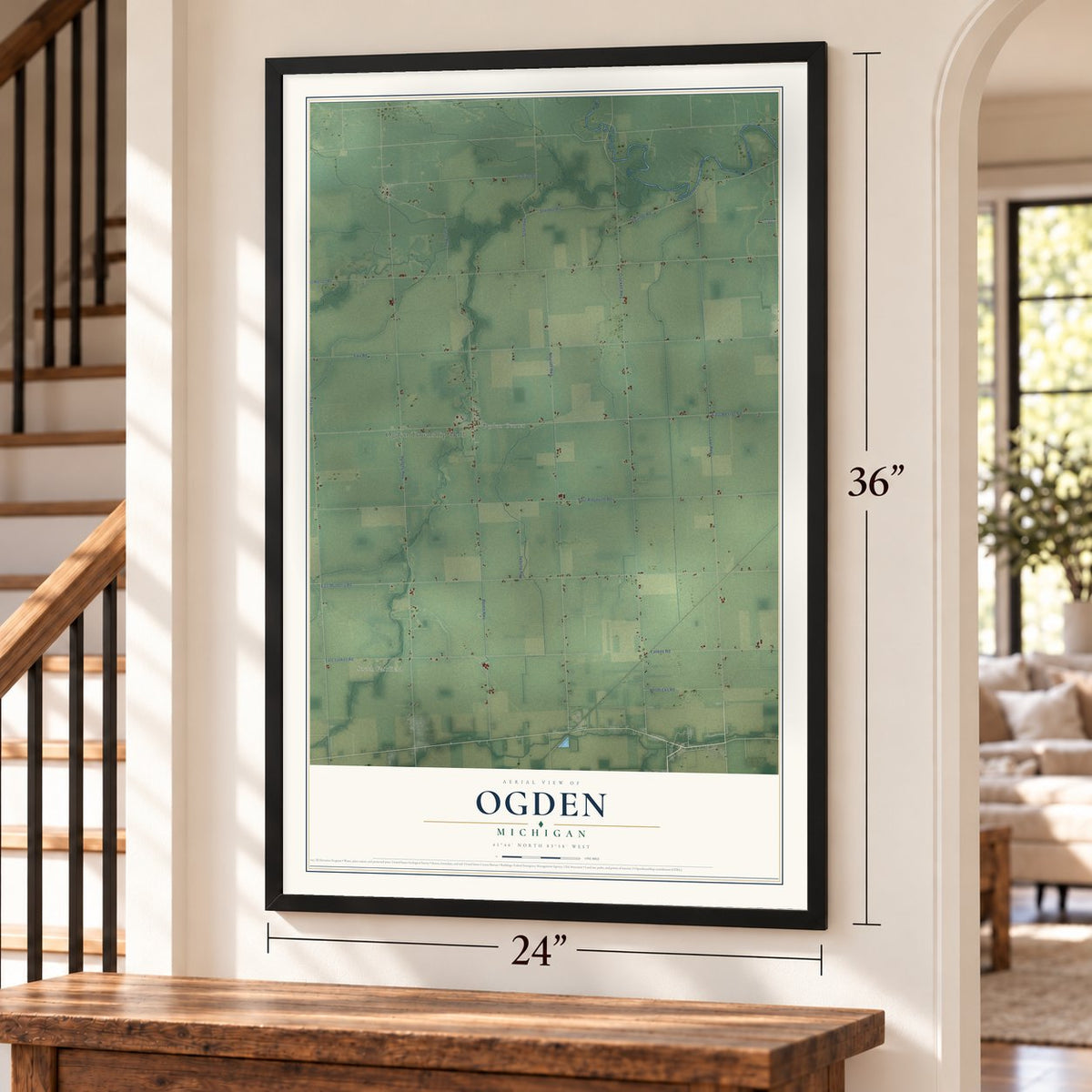 Ogden, Michigan map, 24 x 36 inch print in a black frame by a staircase
