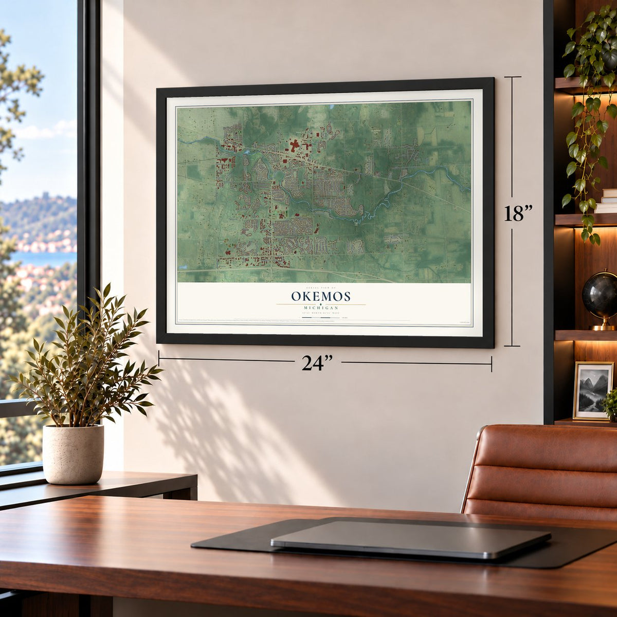 Okemos, Michigan map, 18 x 24 inch print in a black frame in a home office