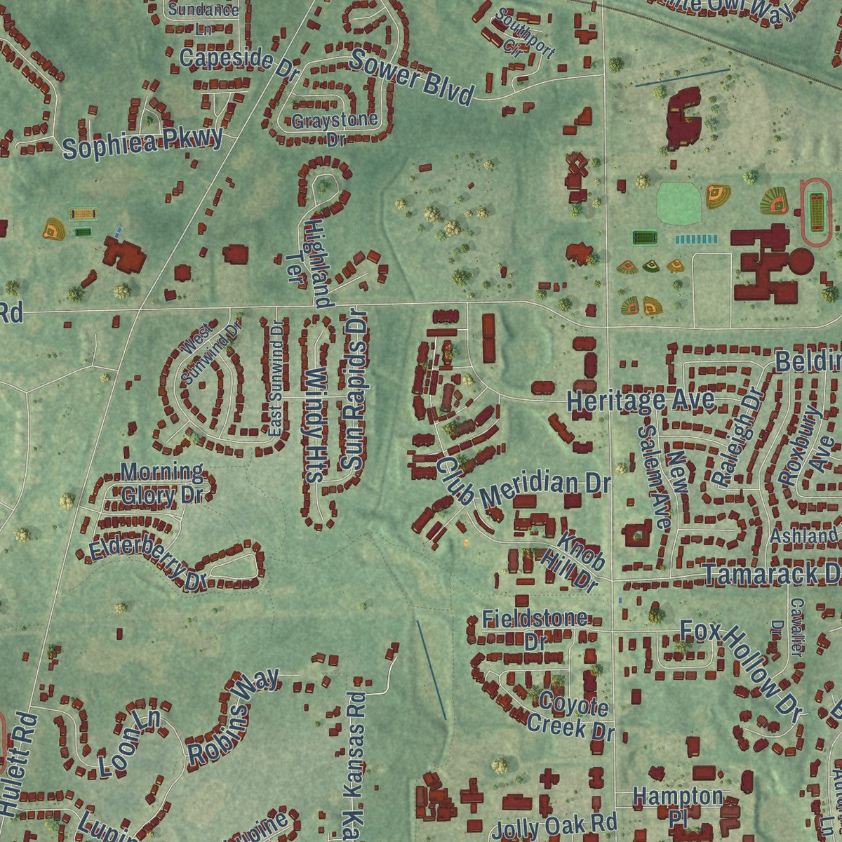 Close-up of the map of Okemos, Michigan print showing street and building detail