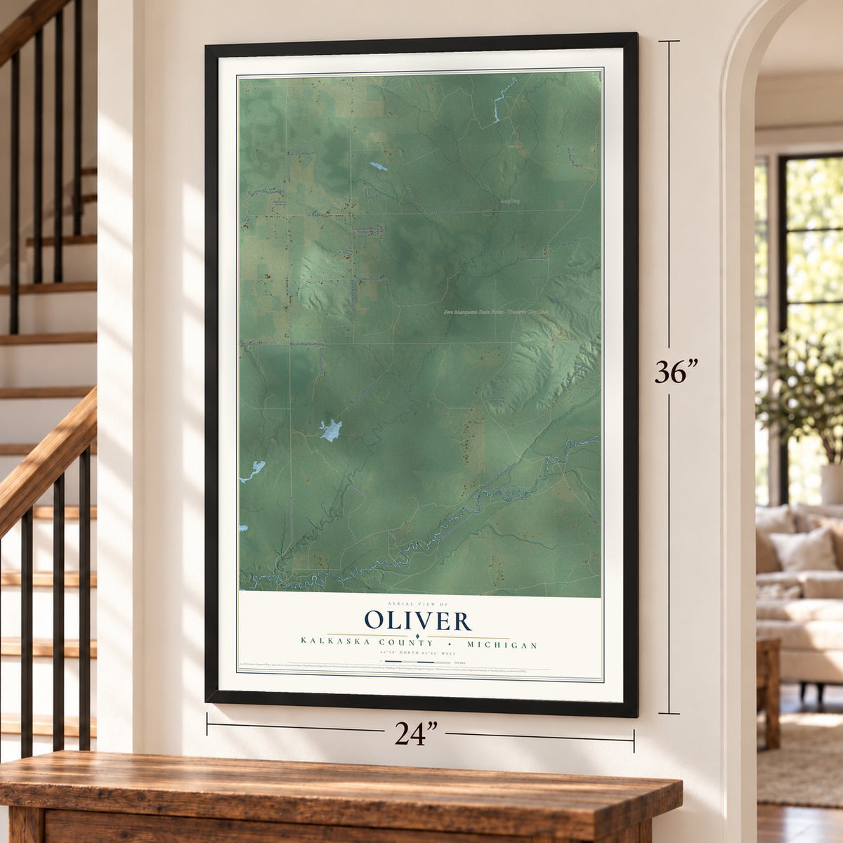 Oliver, Kalkaska County, Michigan map, 24 x 36 inch print in a black frame by a staircase