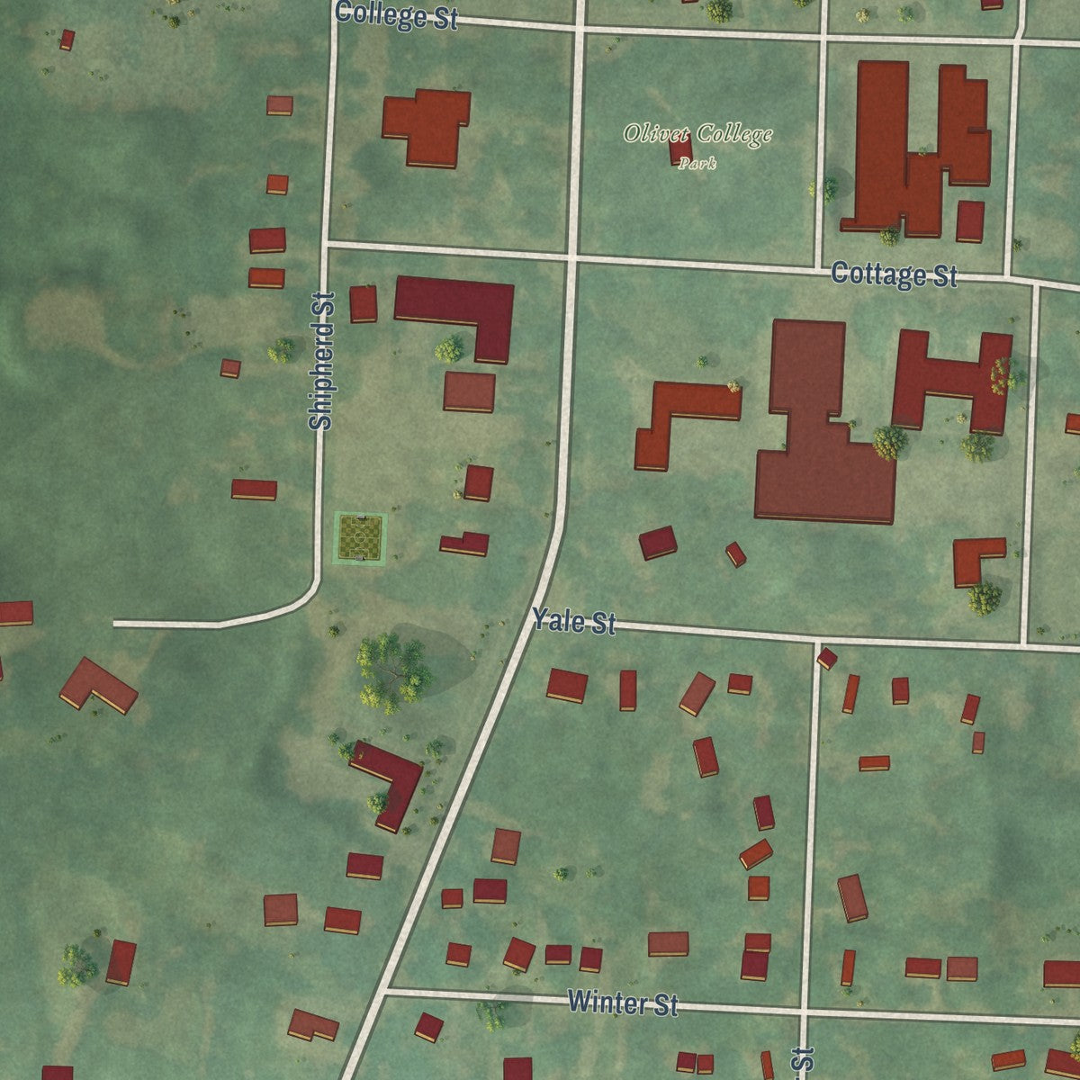 Close-up of the map of Olivet, Michigan print showing street and building detail