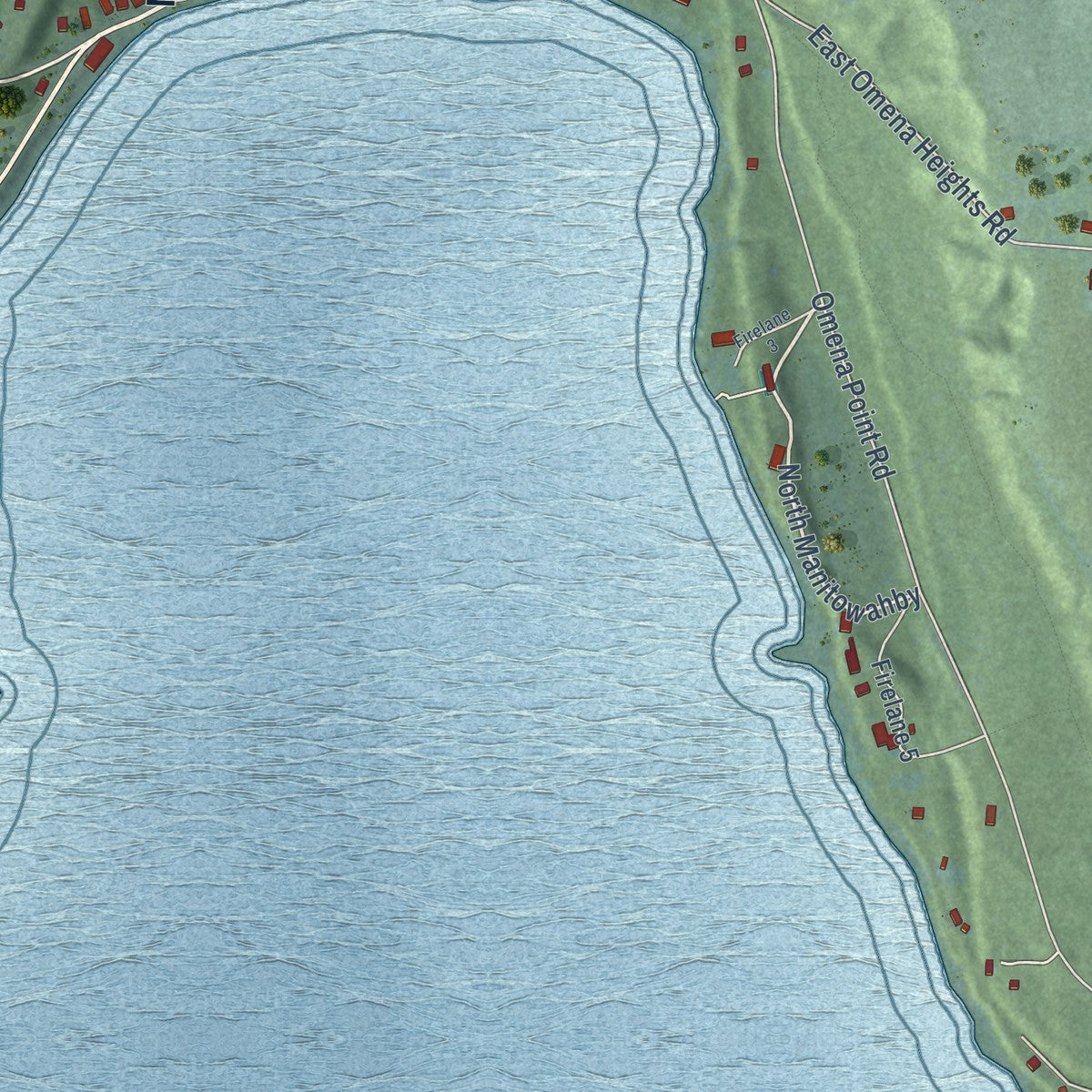 Close-up of the map of Omena, Michigan print showing street and building detail