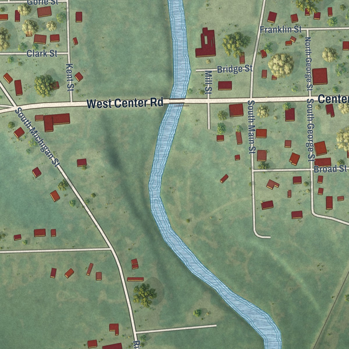 Close-up of the map of Omer, Michigan print showing street and building detail