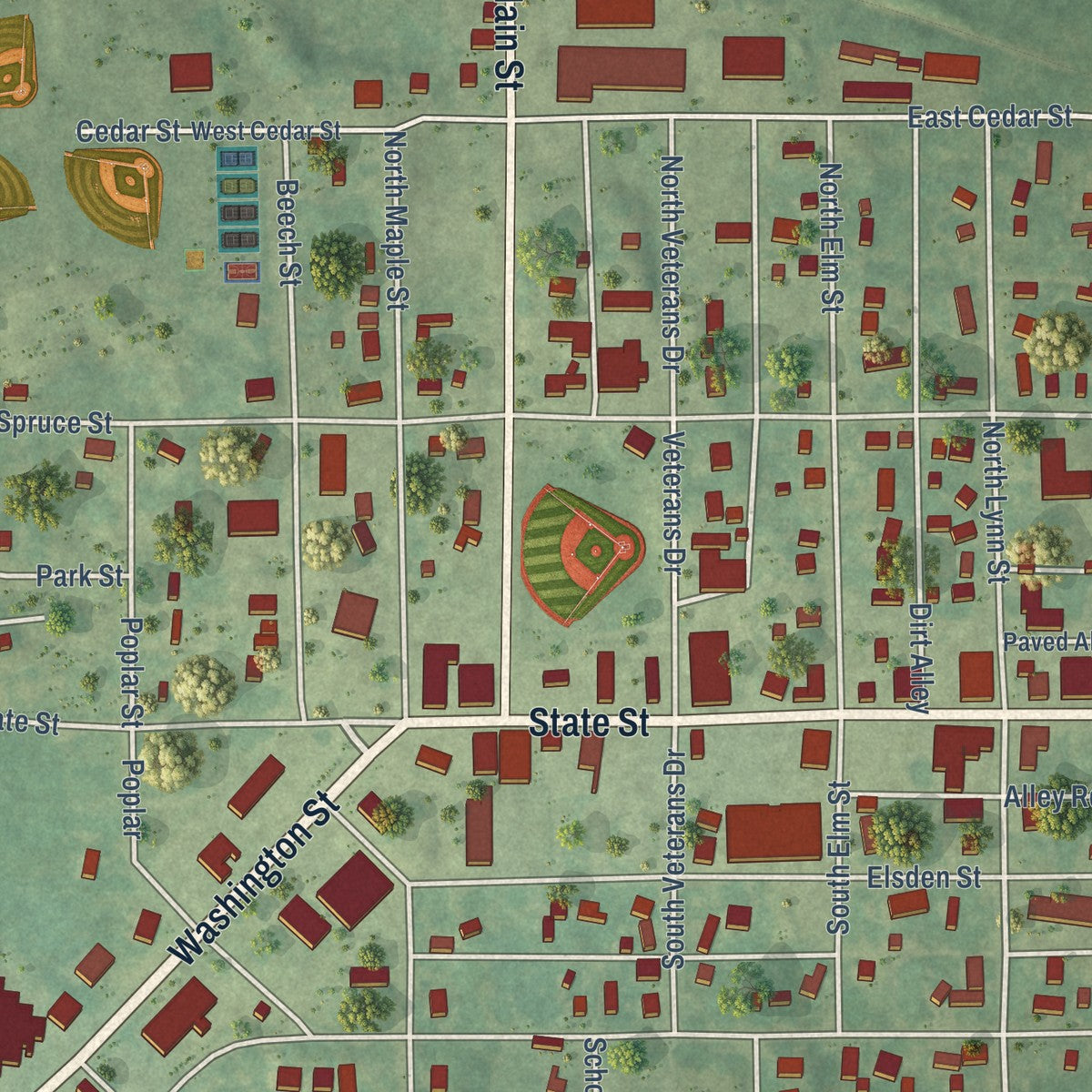 Close-up of the map of Onaway, Michigan print showing street and building detail