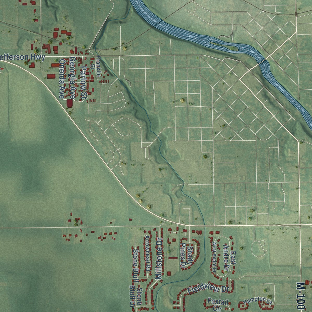 Close-up of the map of Oneida, Michigan print showing street and building detail