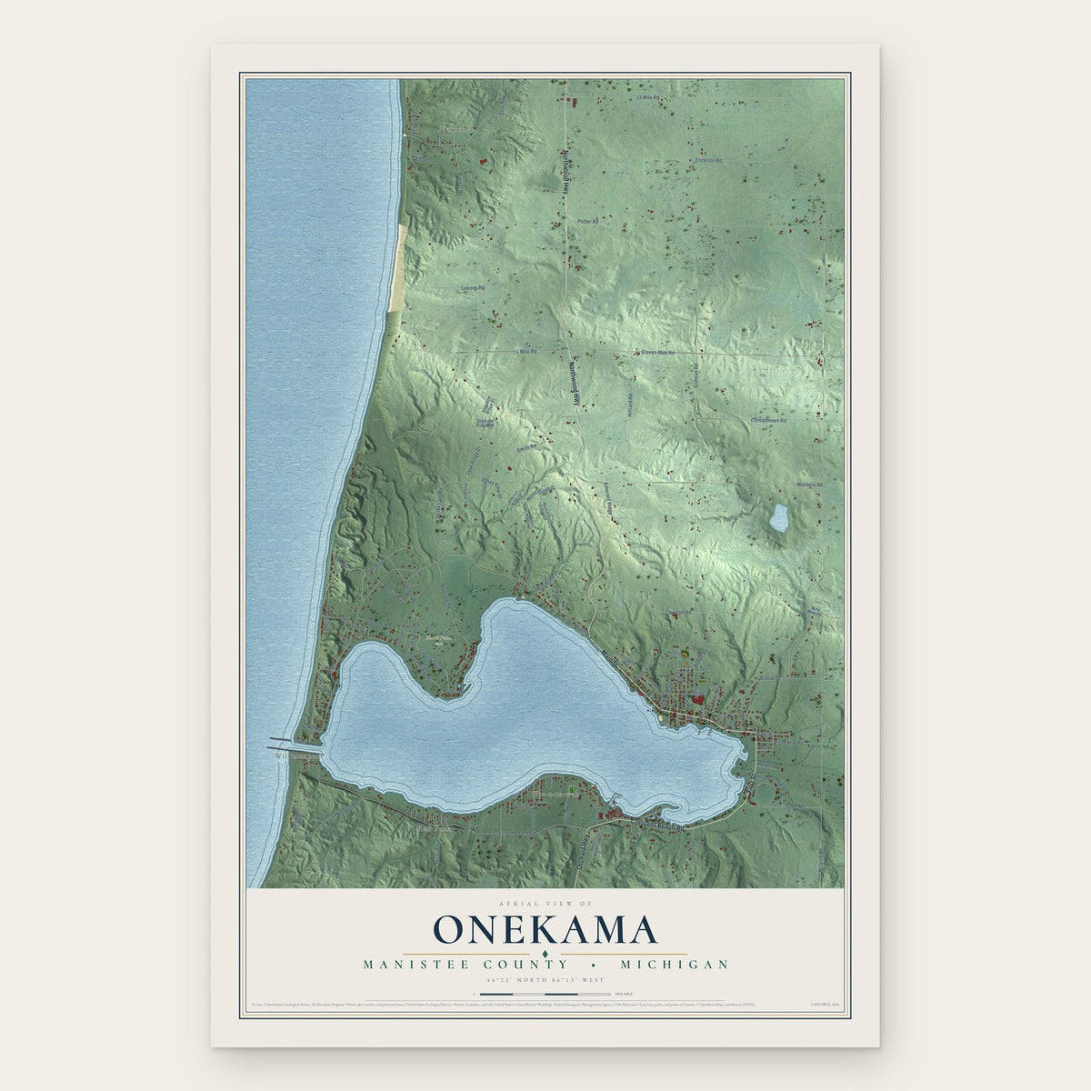 Onekama, Manistee County, Michigan map print, the full design