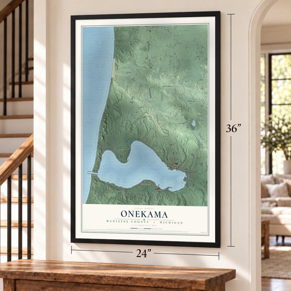 Onekama, Manistee County, Michigan map, 24 x 36 inch print in a black frame by a staircase