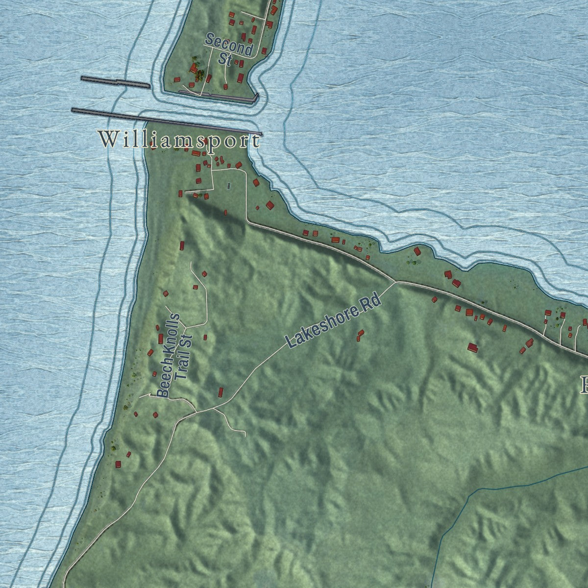 Close-up of the map of Onekama, Manistee County, Michigan print showing street and building detail