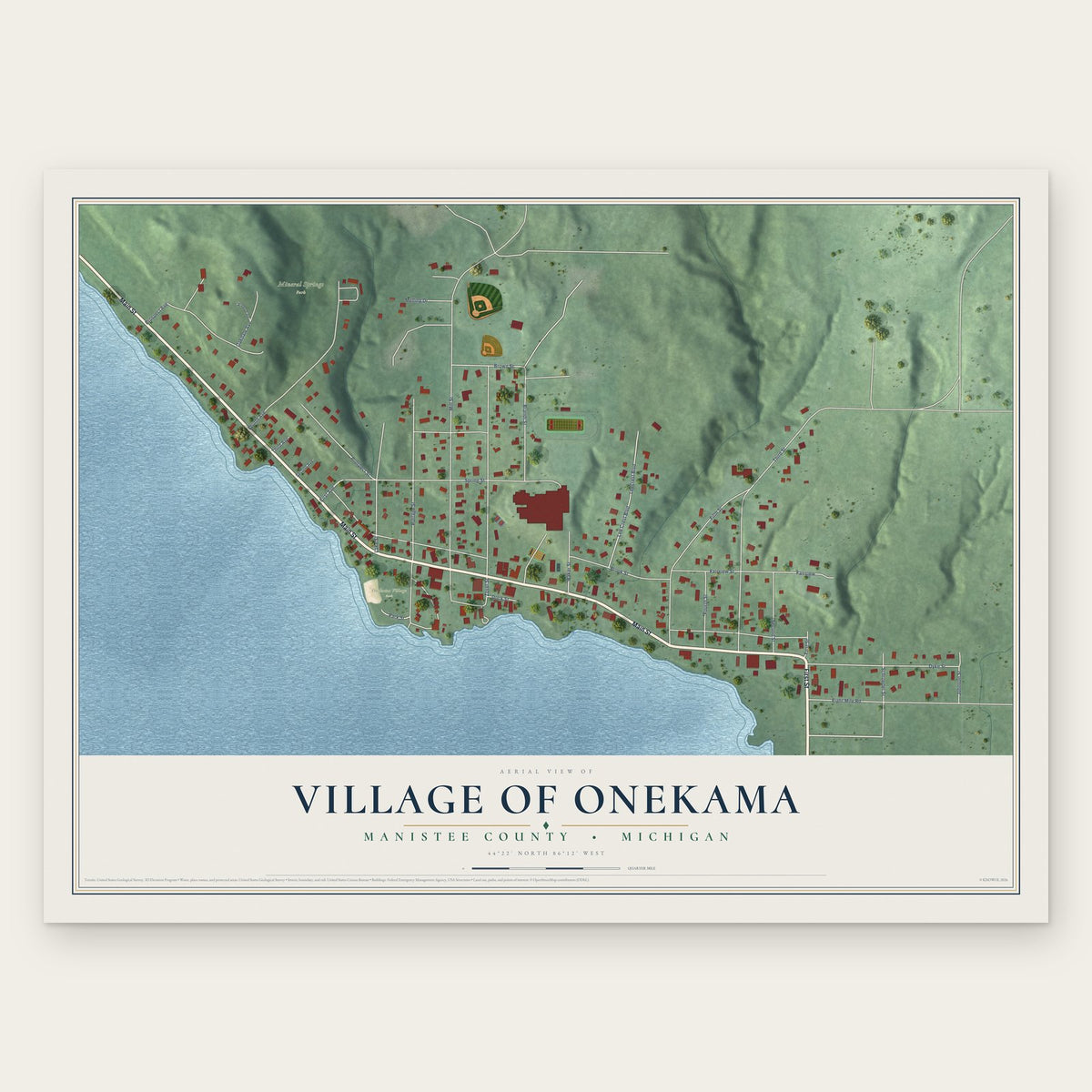 Onekama, Michigan map print, the full design