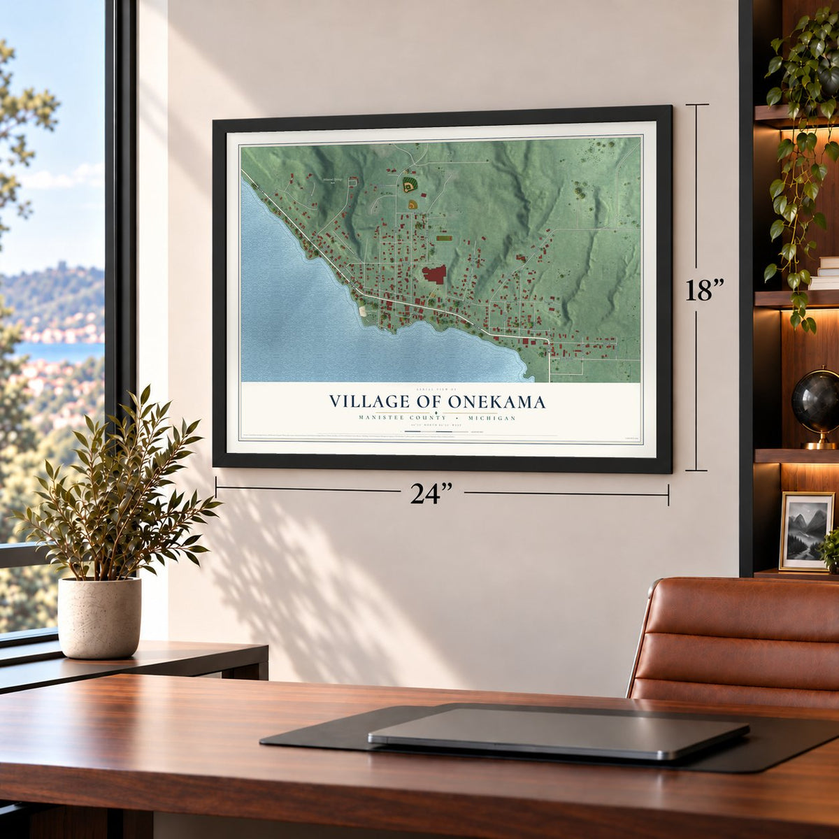 Onekama, Michigan map, 18 x 24 inch print in a black frame in a home office