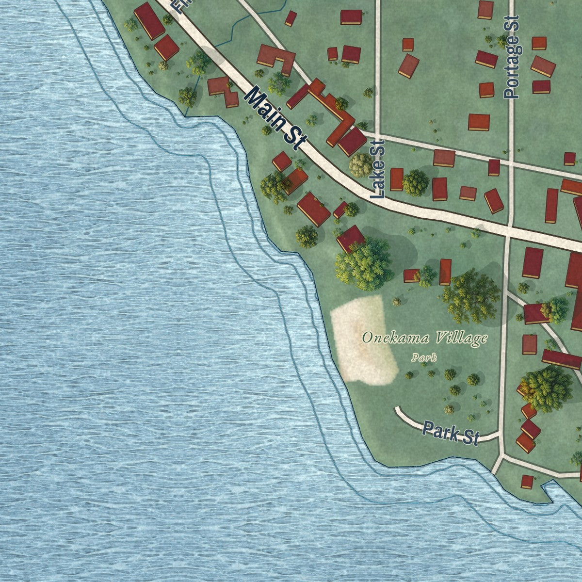 Close-up of the map of Onekama, Michigan print showing street and building detail