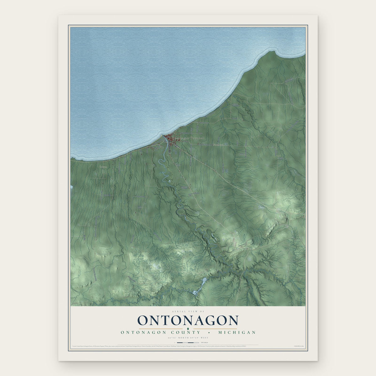 Ontonagon, Ontonagon County, Michigan map print, the full design