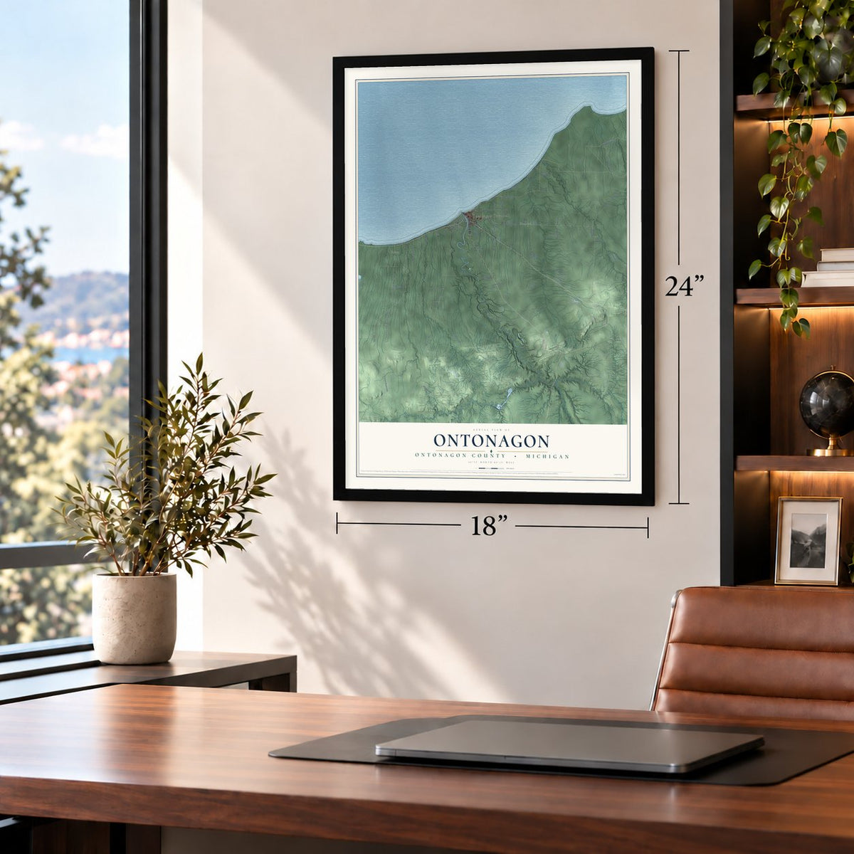 Ontonagon, Ontonagon County, Michigan map, 18 x 24 inch print in a black frame in a home office
