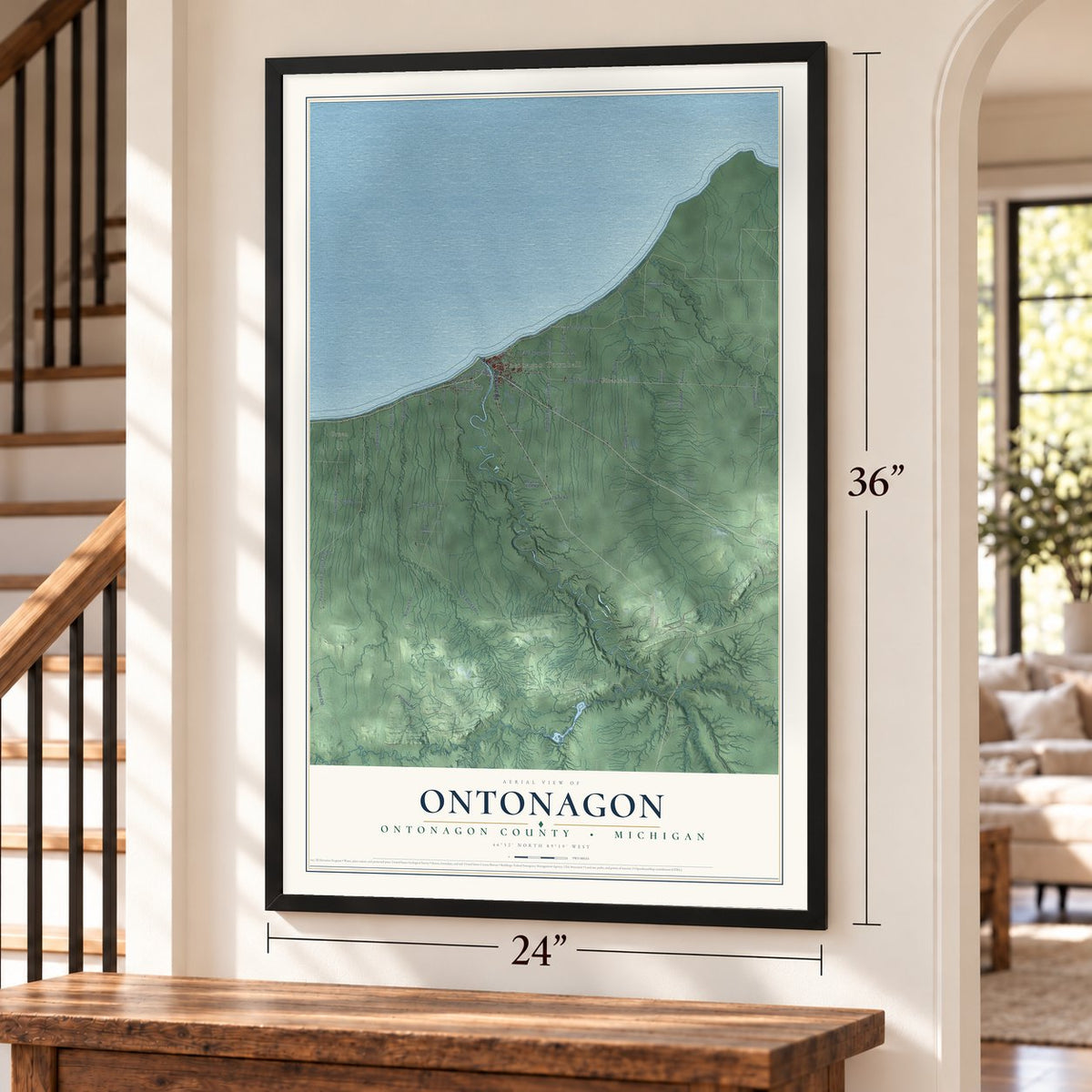 Ontonagon, Ontonagon County, Michigan map, 24 x 36 inch print in a black frame by a staircase