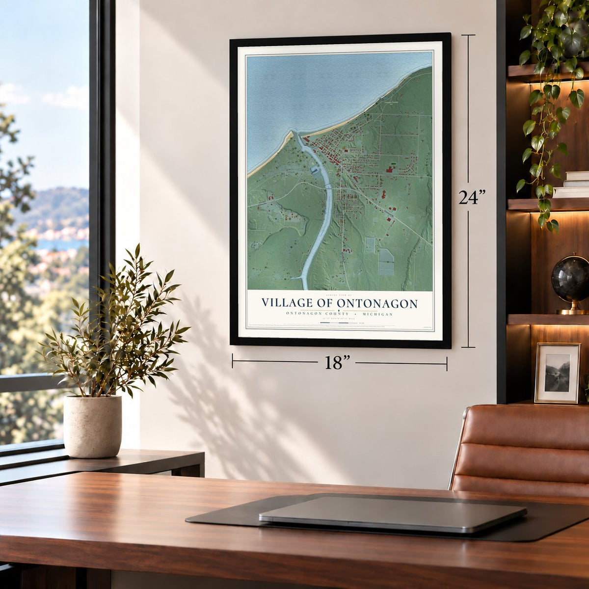 Ontonagon, Michigan map, 18 x 24 inch print in a black frame in a home office