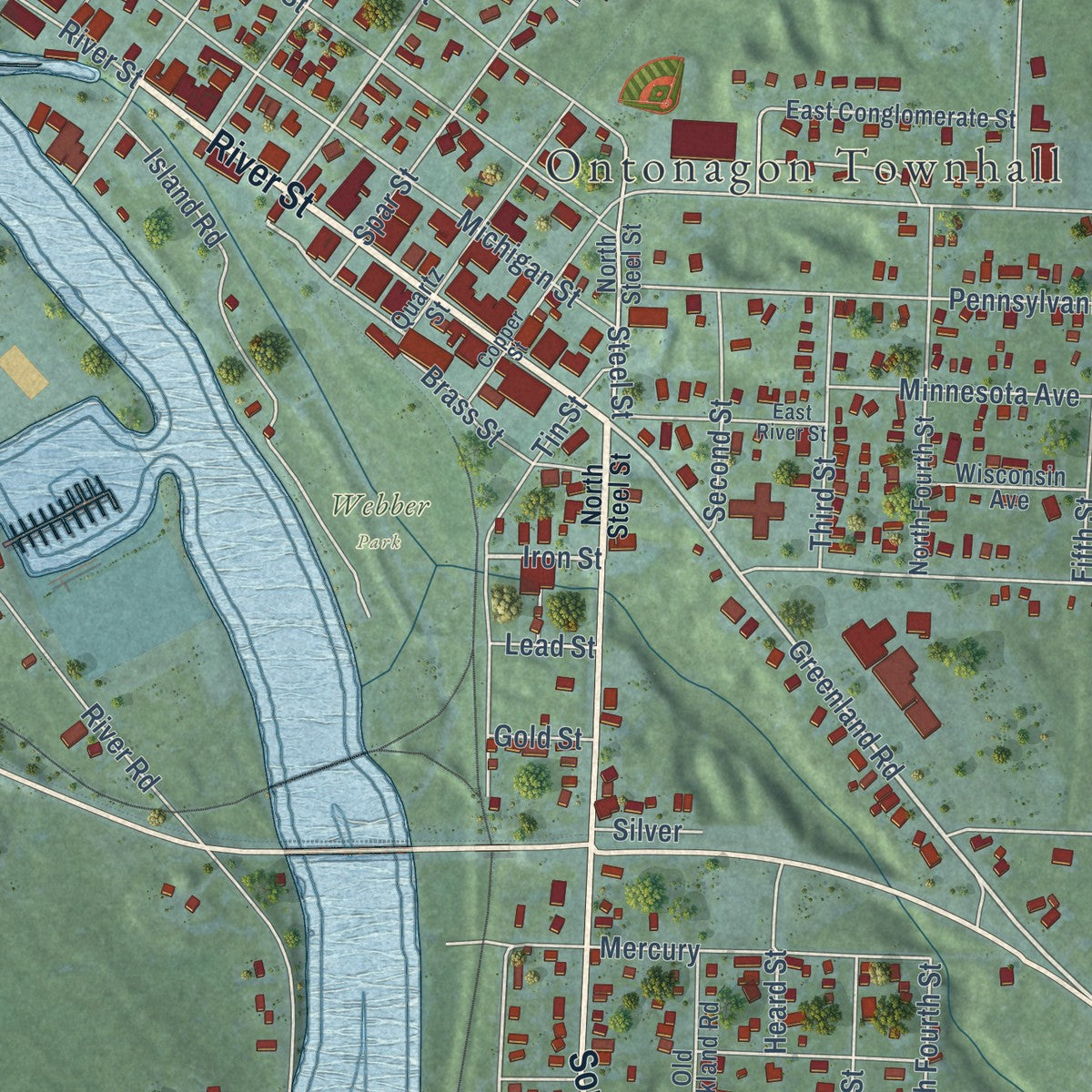 Close-up of the map of Ontonagon, Michigan print showing street and building detail