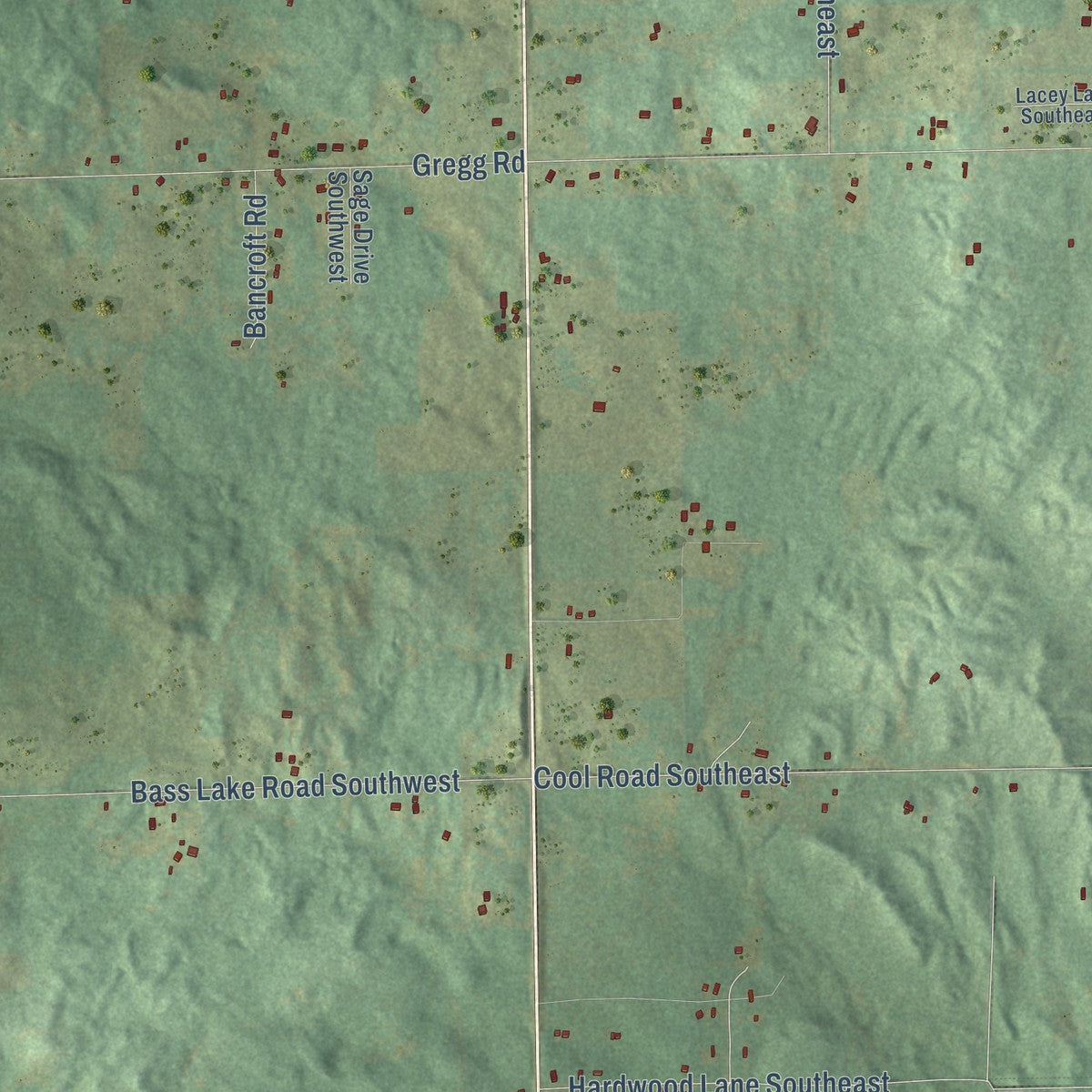 Close-up of the map of Orange, Kalkaska County, Michigan print showing street and building detail