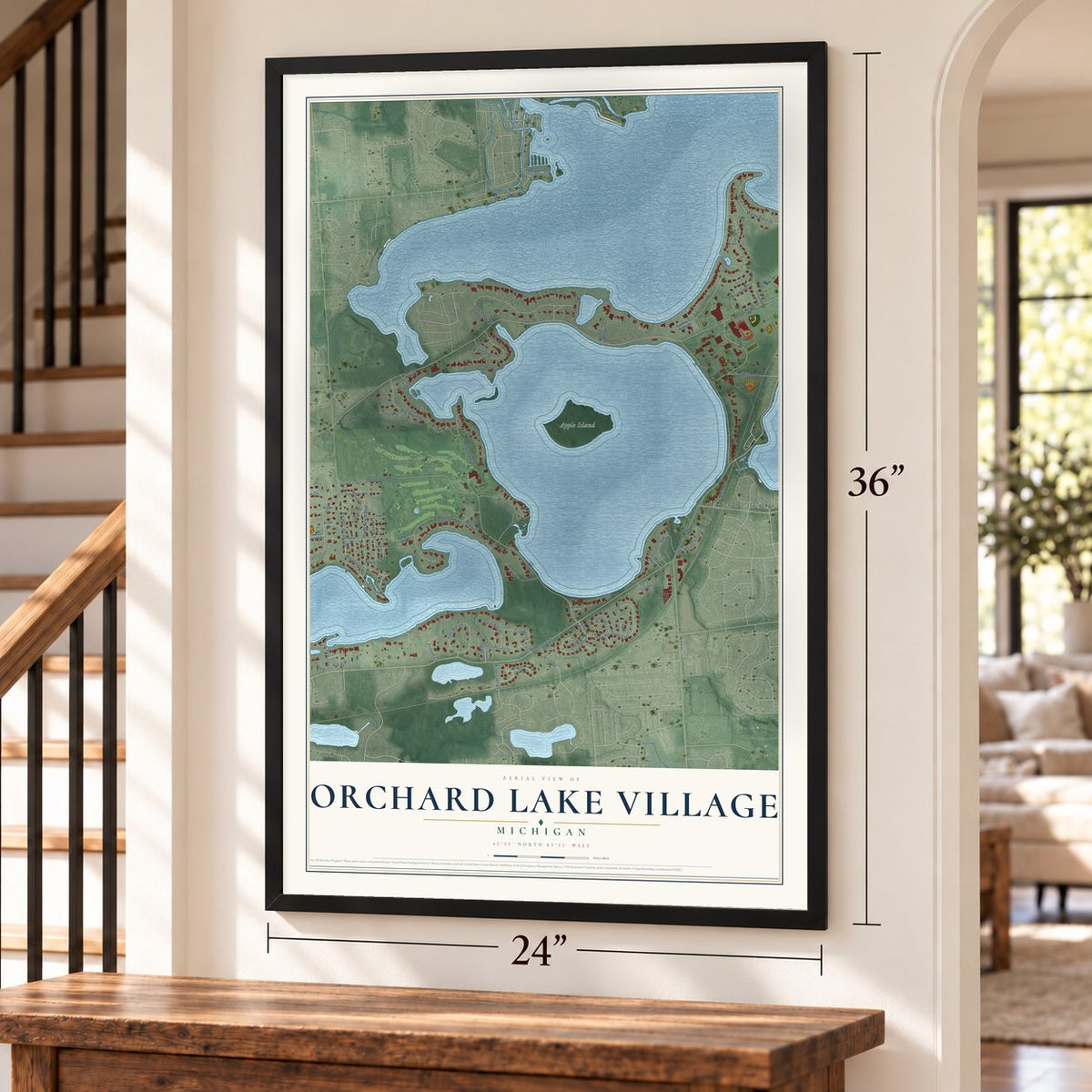 Orchard Lake Village, Michigan map, 24 x 36 inch print in a black frame by a staircase