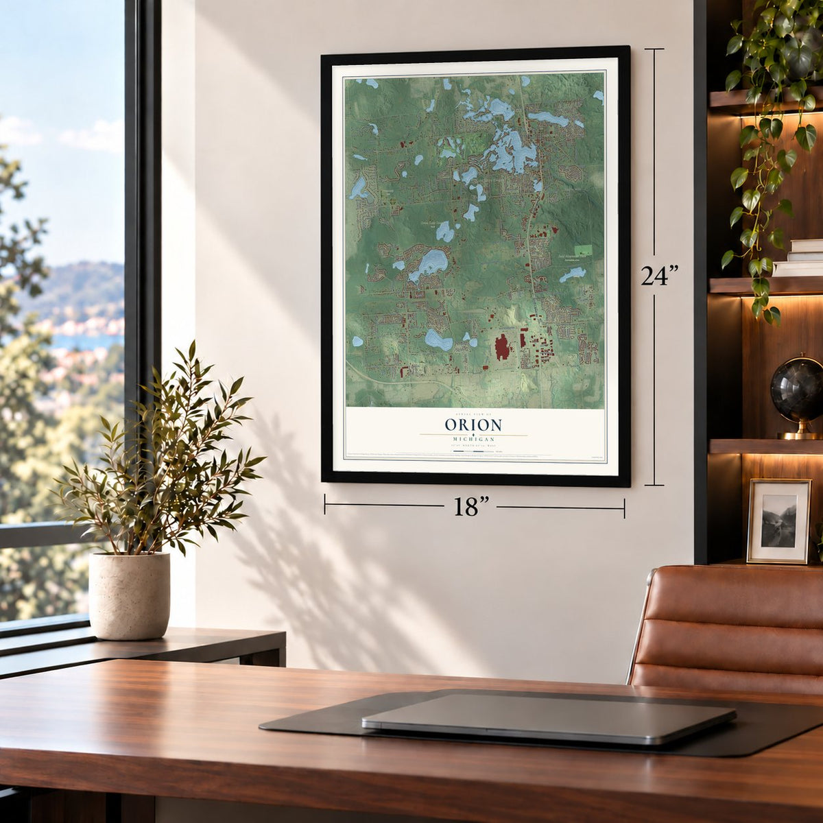 Orion, Michigan map, 18 x 24 inch print in a black frame in a home office