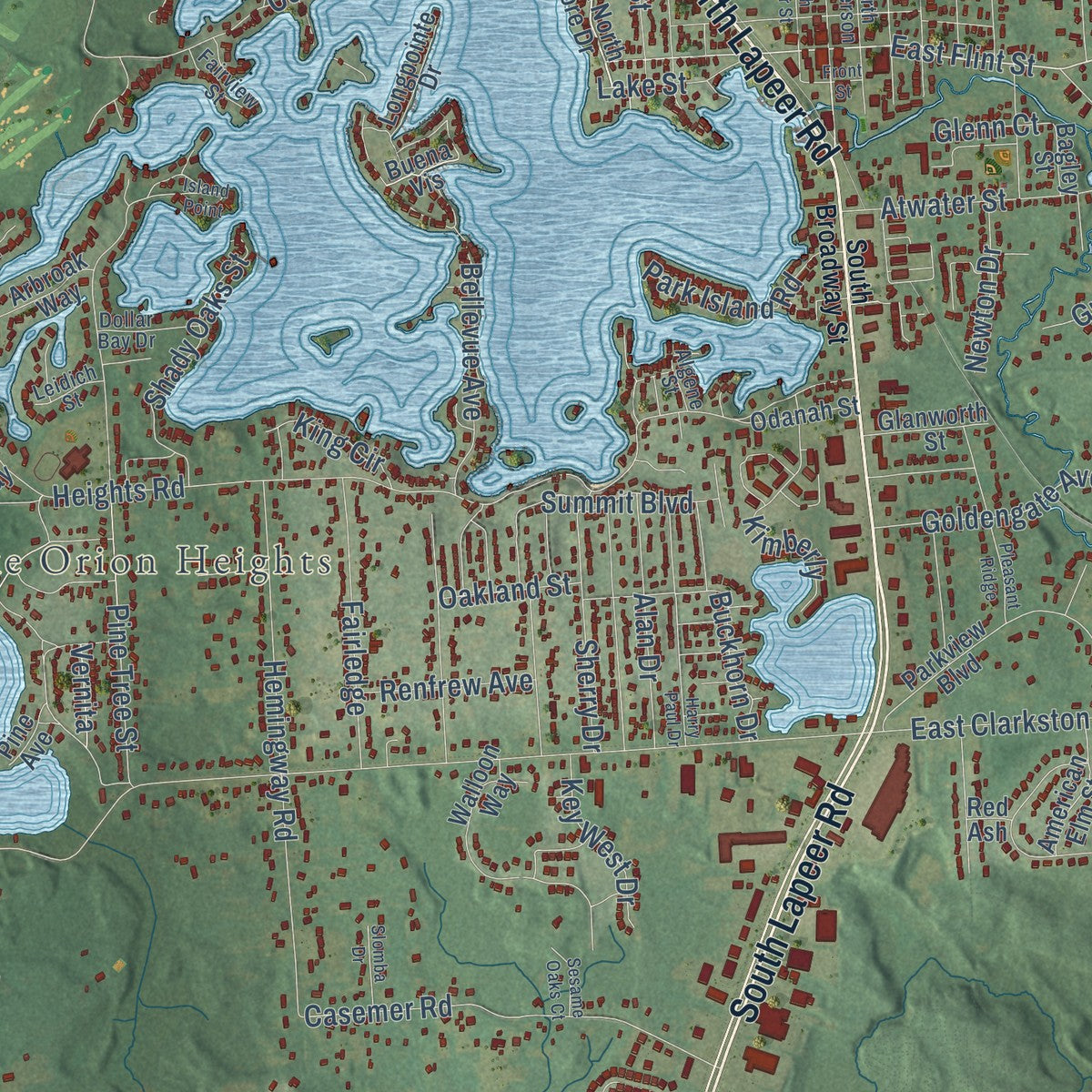 Close-up of the map of Orion, Michigan print showing street and building detail