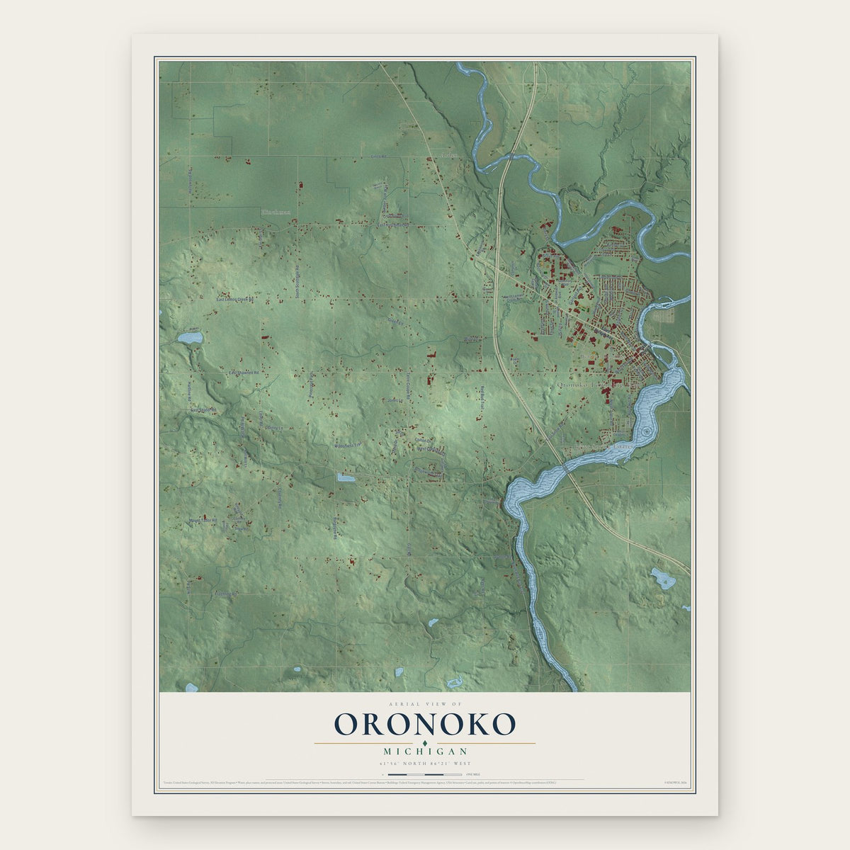 Oronoko, Michigan map print, the full design