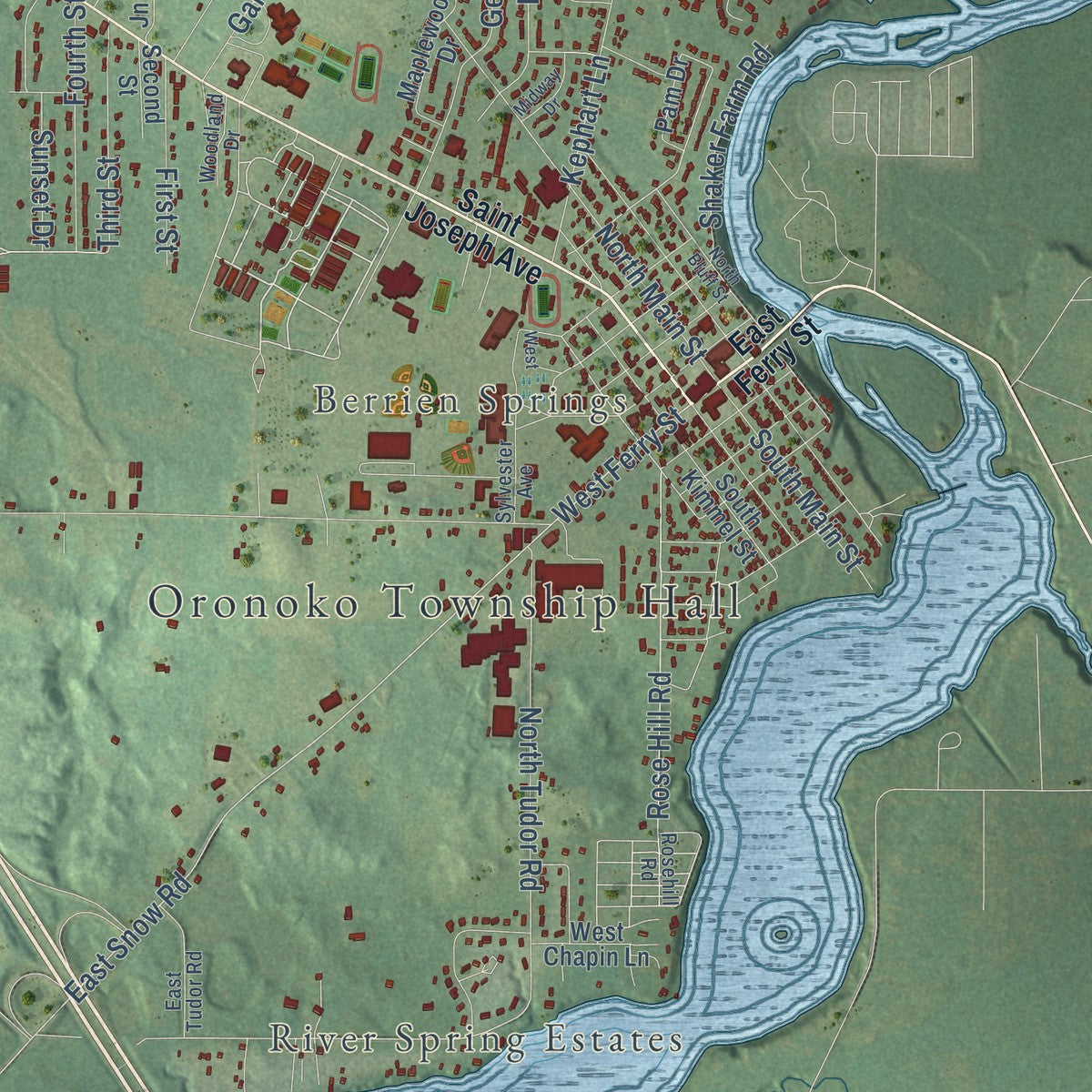 Close-up of the map of Oronoko, Michigan print showing street and building detail