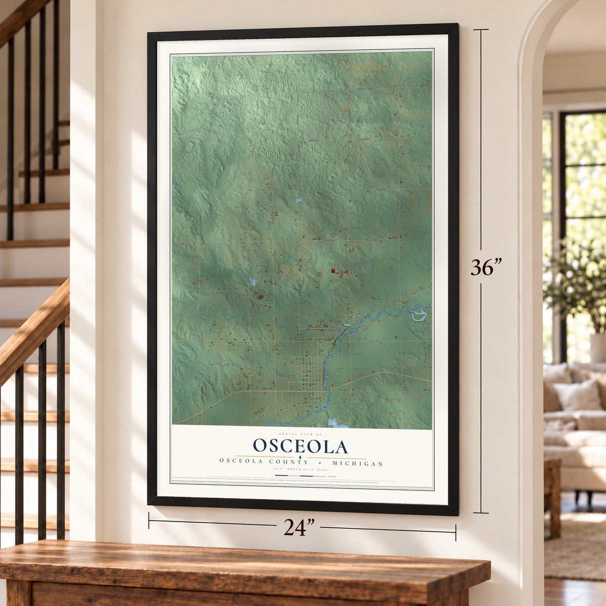 Osceola, Osceola County, Michigan map, 24 x 36 inch print in a black frame by a staircase