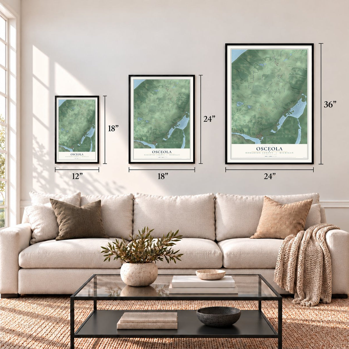 Osceola, Houghton County, Michigan map in 12 x 18, 18 x 24 and 24 x 36 inch sizes above a sofa