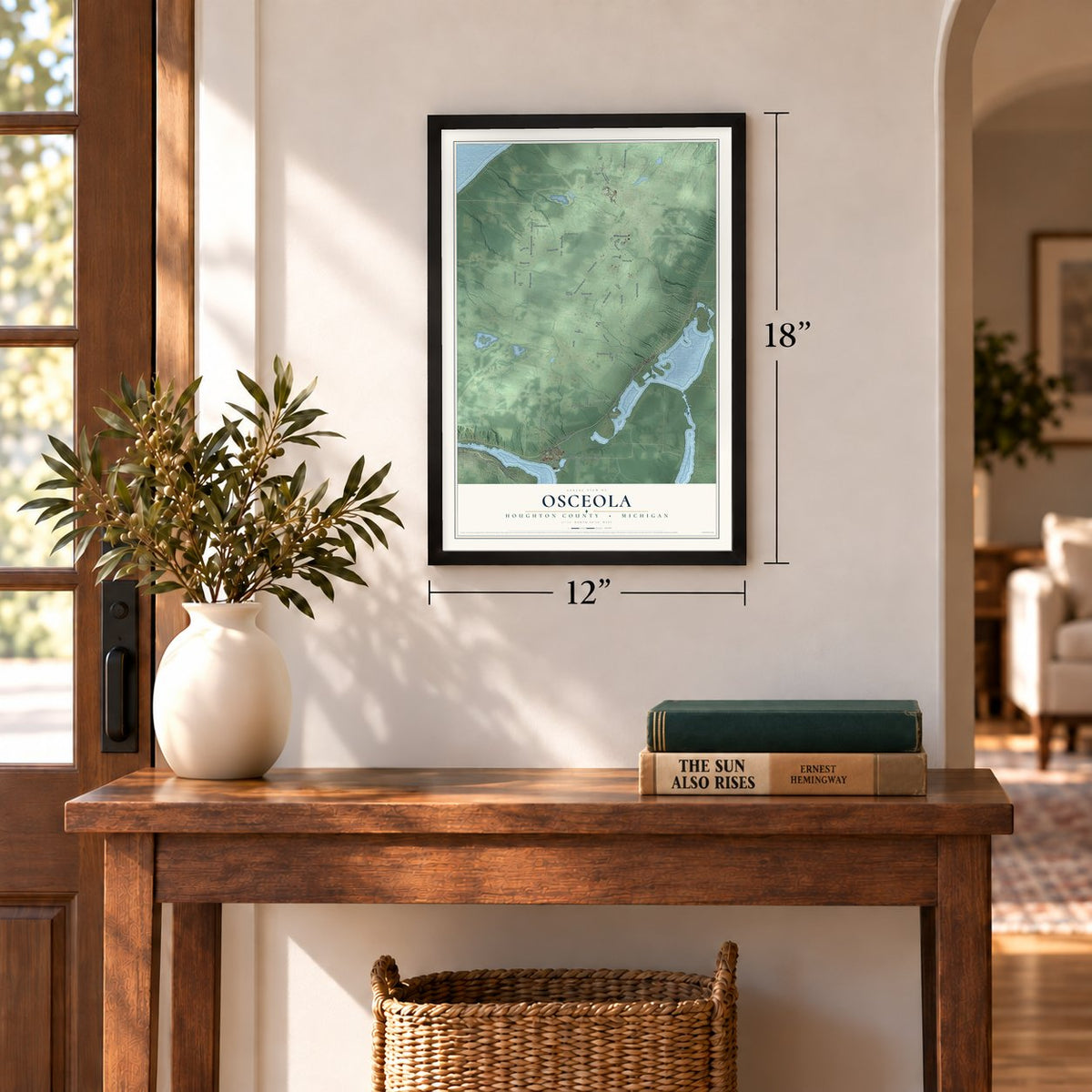 Osceola, Houghton County, Michigan map, 12 x 18 inch print in a black frame in an entryway