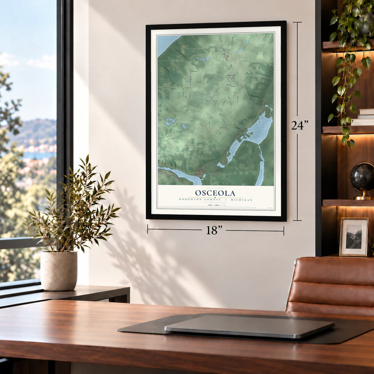 Osceola, Houghton County, Michigan map, 18 x 24 inch print in a black frame in a home office