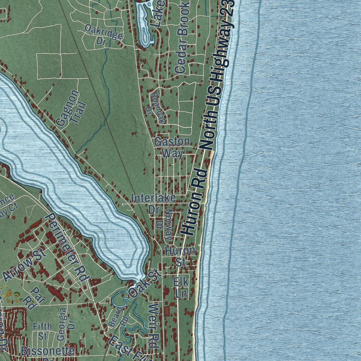 Close-up of the map of Oscoda, Michigan print showing street and building detail
