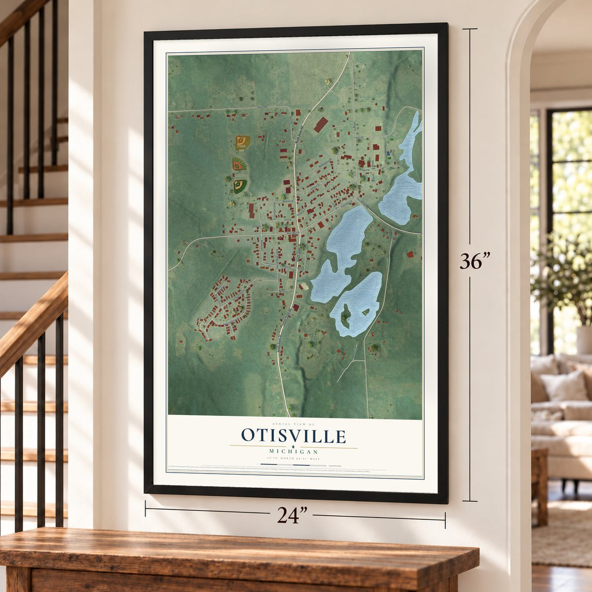 Otisville, Michigan map, 24 x 36 inch print in a black frame by a staircase