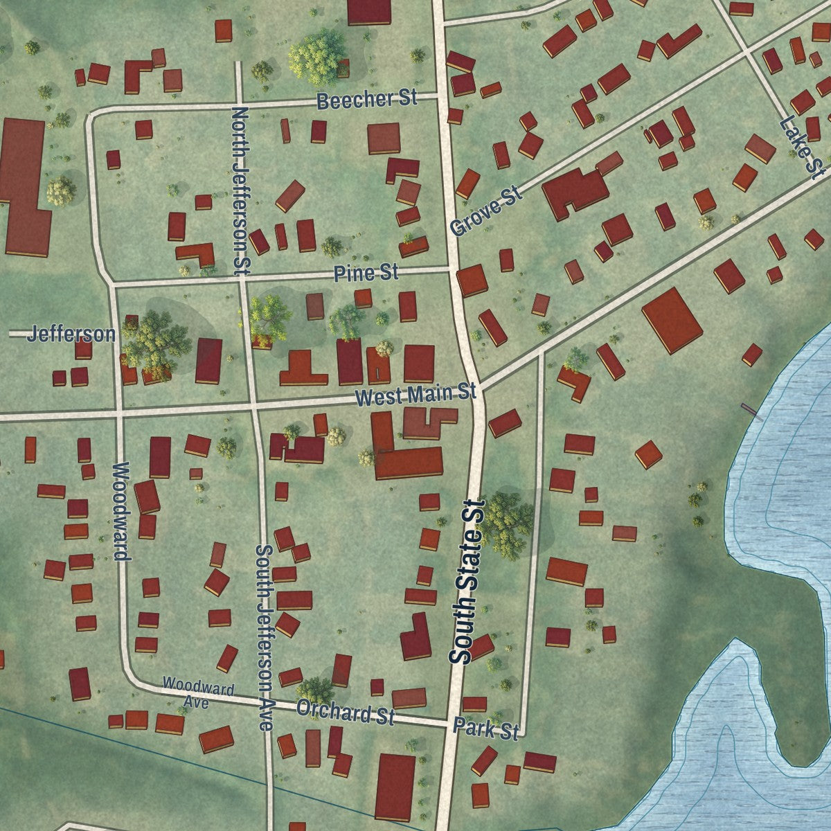 Close-up of the map of Otisville, Michigan print showing street and building detail