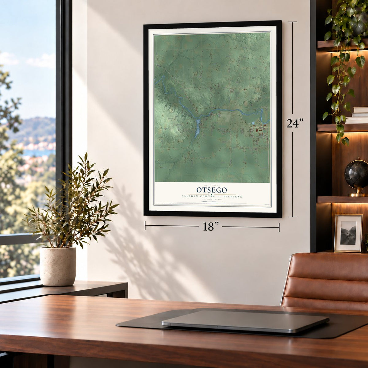 Otsego, Allegan County, Michigan map, 18 x 24 inch print in a black frame in a home office