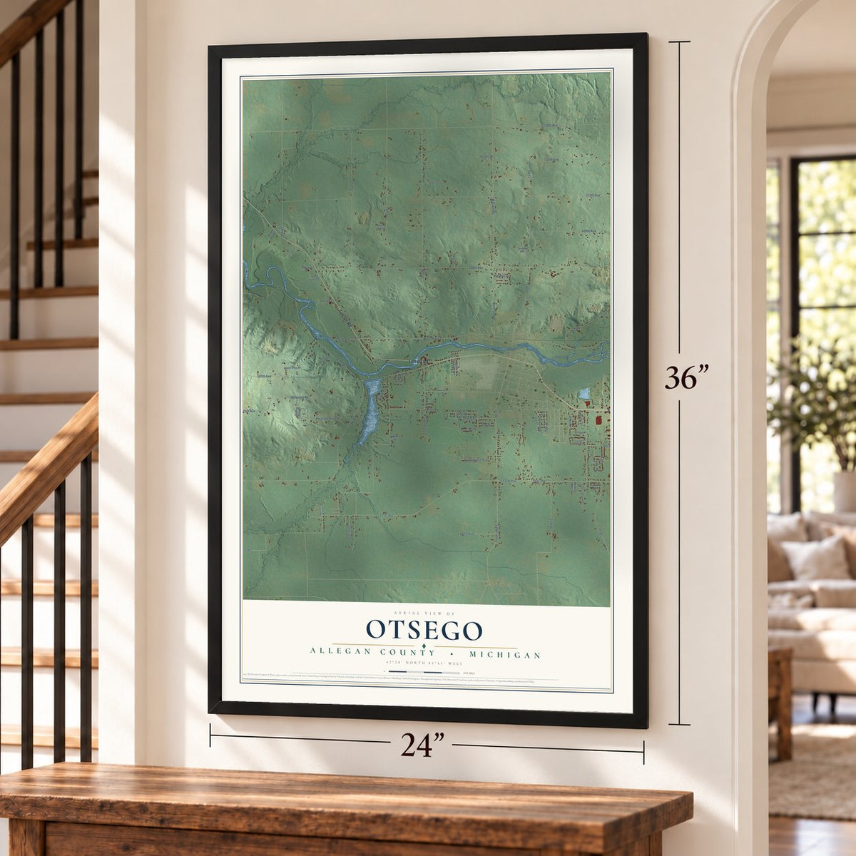 Otsego, Allegan County, Michigan map, 24 x 36 inch print in a black frame by a staircase
