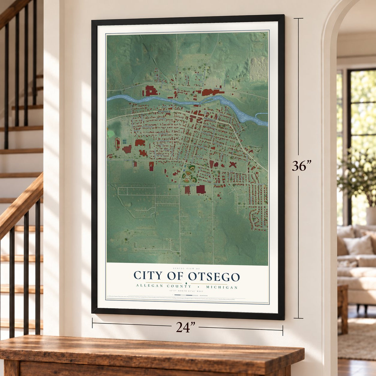 Otsego, Michigan map, 24 x 36 inch print in a black frame by a staircase