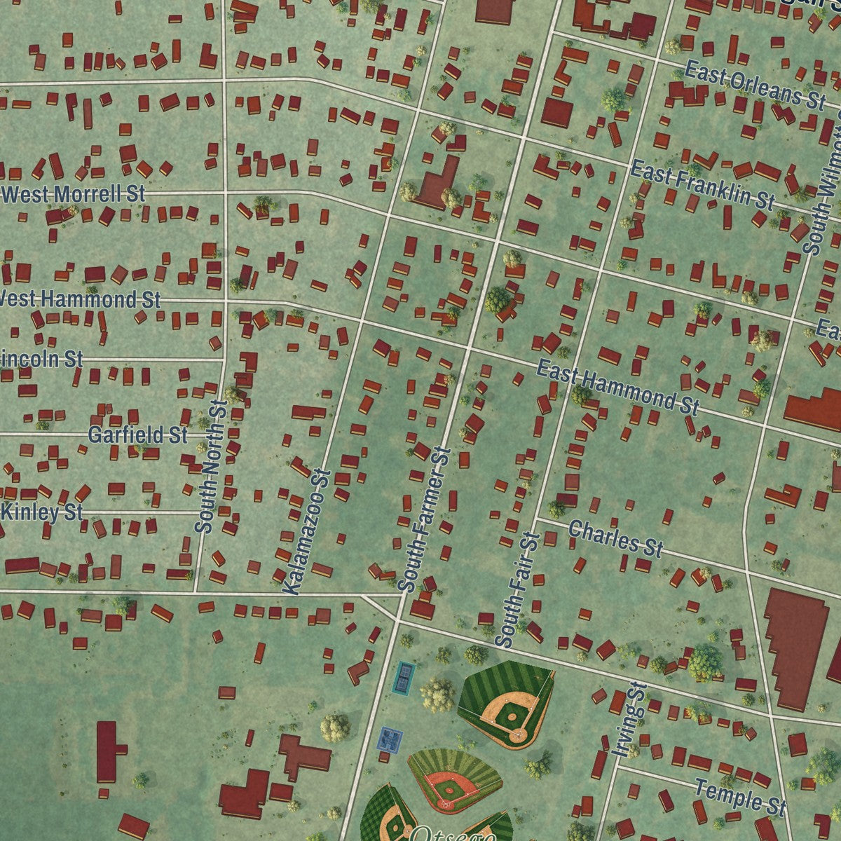 Close-up of the map of Otsego, Michigan print showing street and building detail