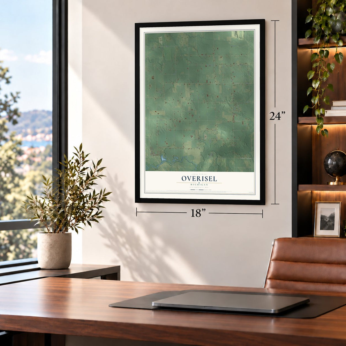 Overisel, Michigan map, 18 x 24 inch print in a black frame in a home office