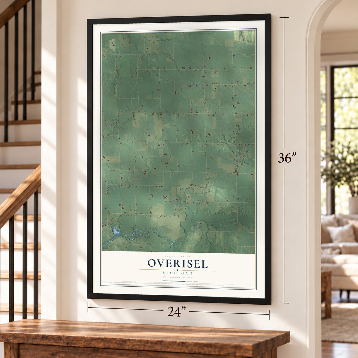 Overisel, Michigan map, 24 x 36 inch print in a black frame by a staircase