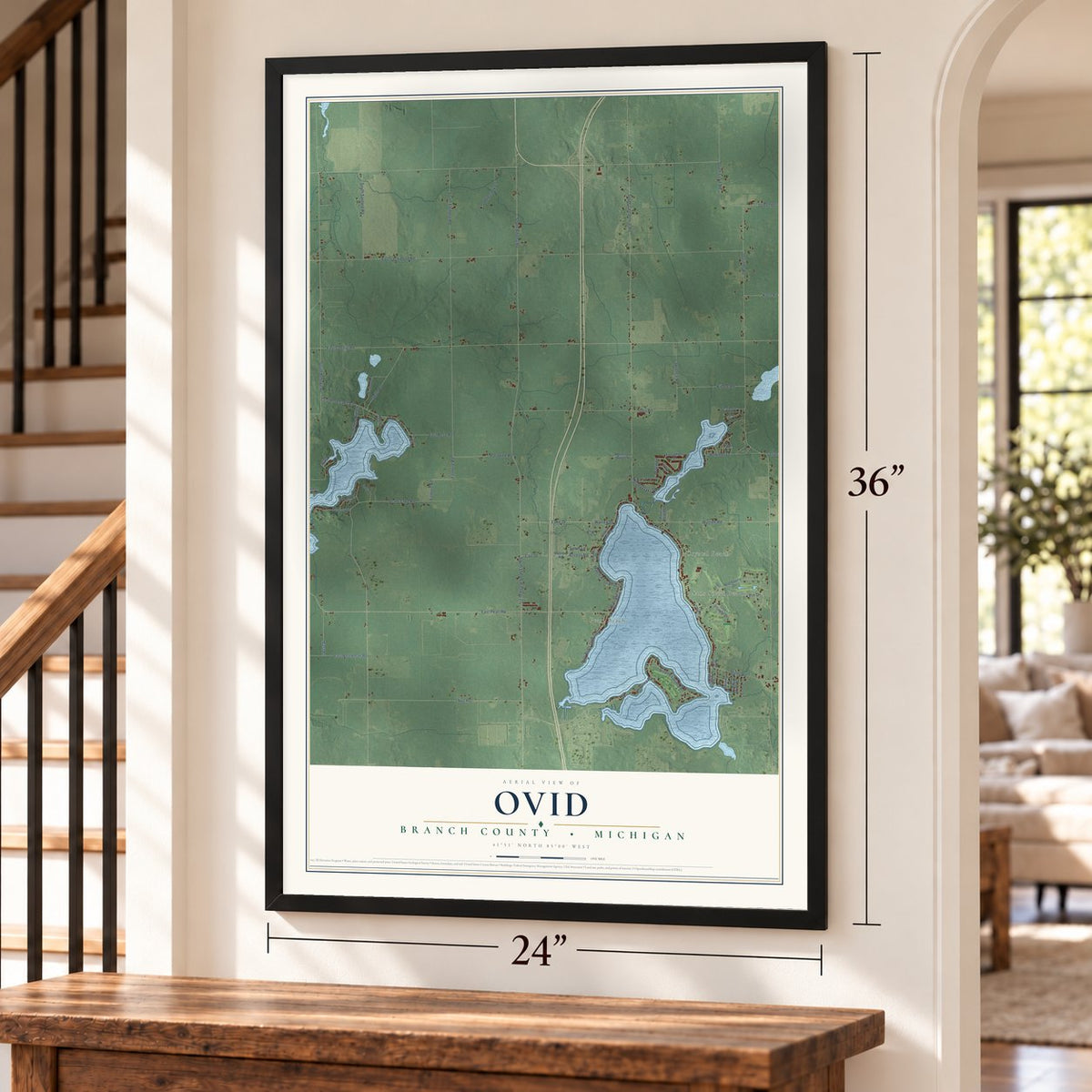 Ovid, Branch County, Michigan map, 24 x 36 inch print in a black frame by a staircase