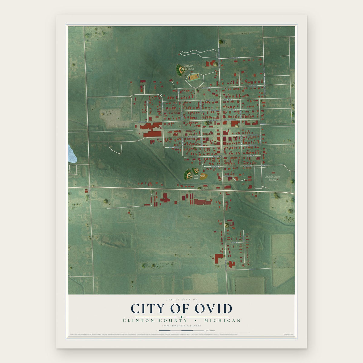 Ovid, Michigan map print, the full design